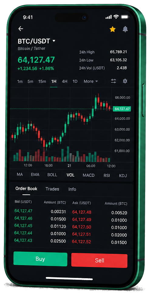 Impulse Ledgiun mobile trading platform — live BTC/USDT chart, order book and buy/sell interface